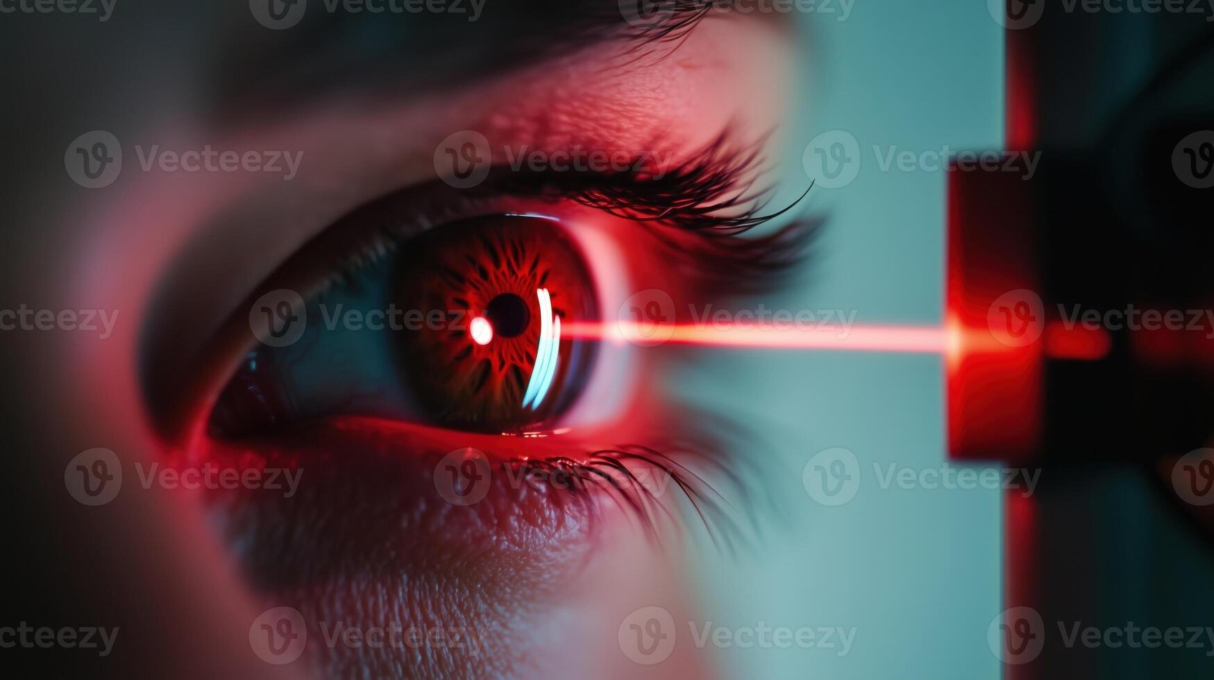 Closeup Dramatic View of a Person s Futuristic Scanning Eye with Intense Red Lighting photo