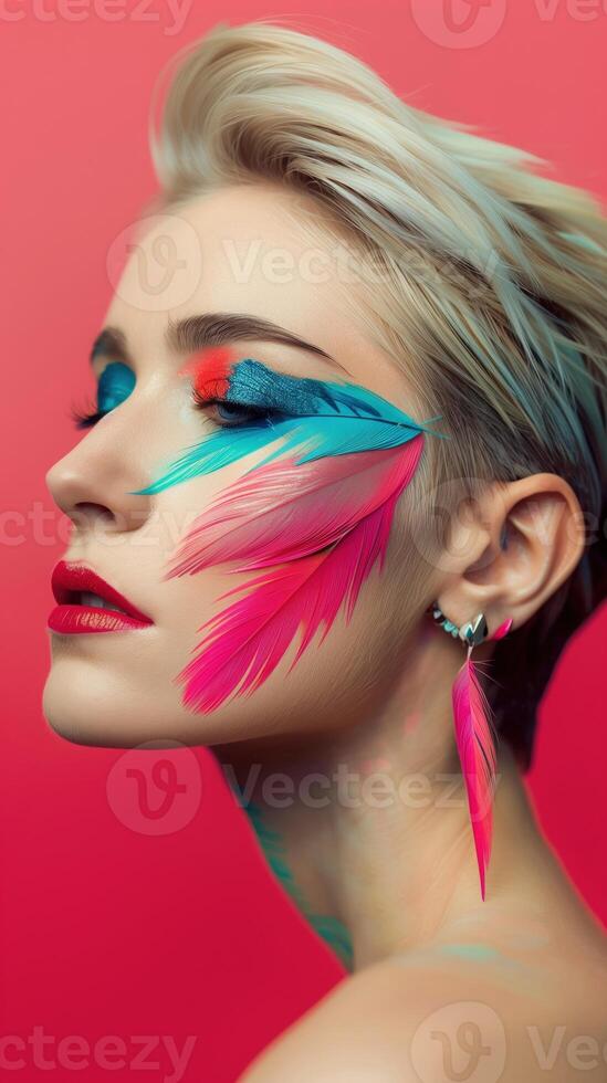 Striking Portrait of Fair Skinned Woman with Vibrant Feather Makeup photo