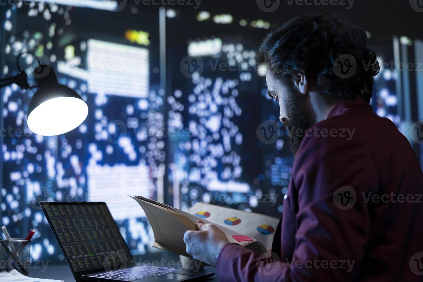 Rich hedge fund manager looking at international stock market, examining financial operations and selling business shares. Influential trader obtaining necessary liquidity for branch expansion. photo