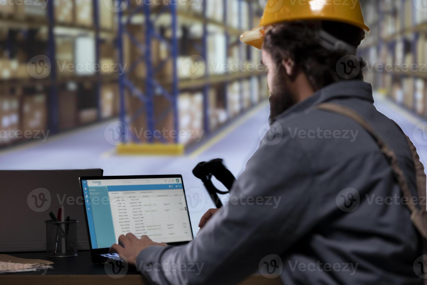 Supply manager creating order receipt for product shipment, working on delivery logistics with laptop and scanner in depot. Storage room worker checking dispatch notes for inventory management. photo