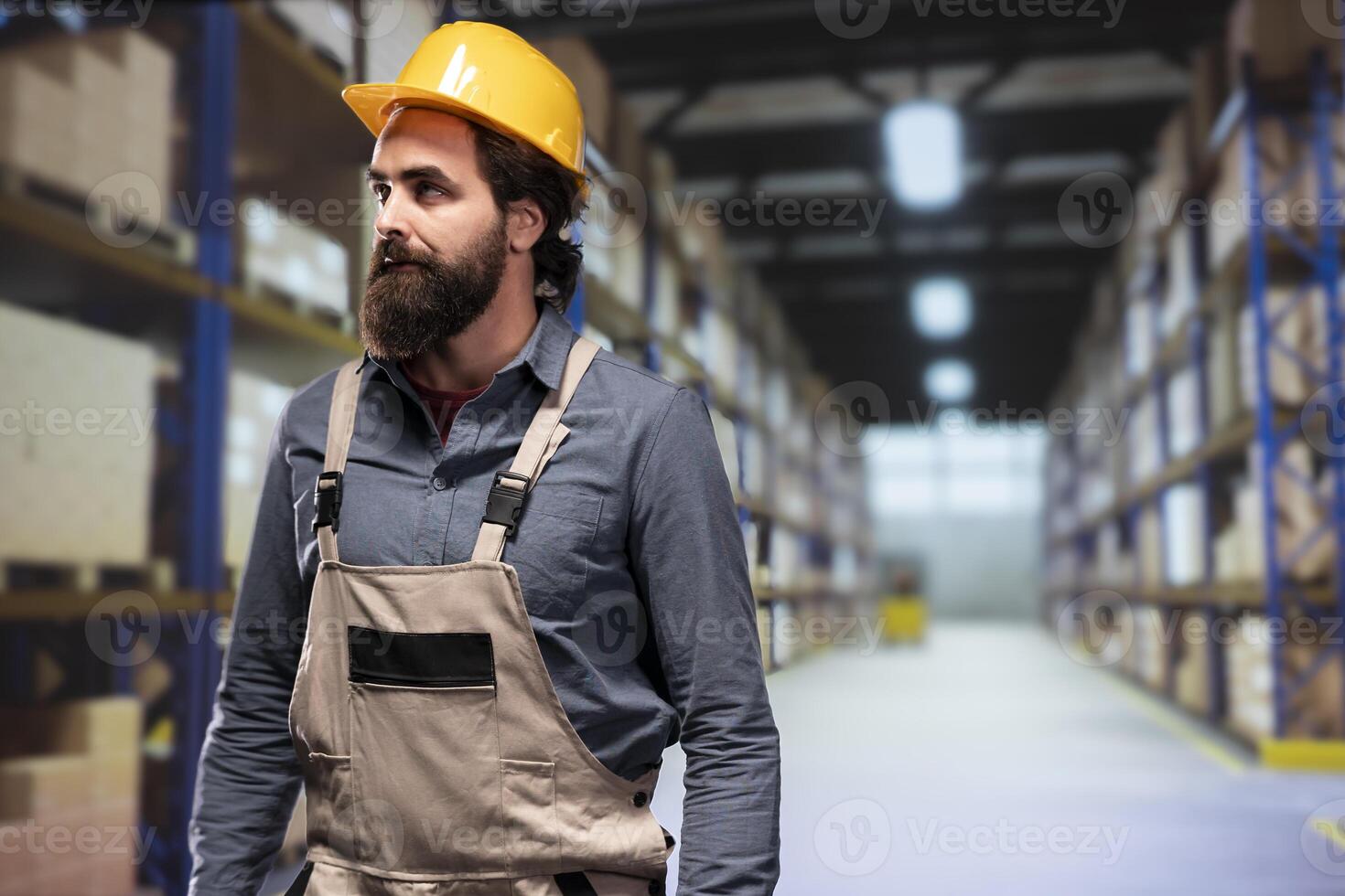 Supply manager reviewing stock pallets in industrial warehouse, working on sorting merchandise boxes ready for distribution. Storehouse employee reading labels for order management. photo