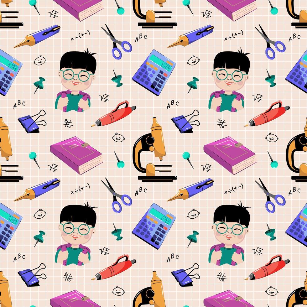 Back to School background . Seamless pattern with schoolboy and supplies. vector