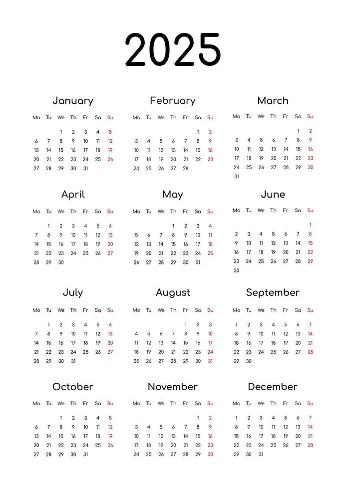 Calendar for 2025. Minimalist style. Black and white, A4, English, week starts Monday. vector