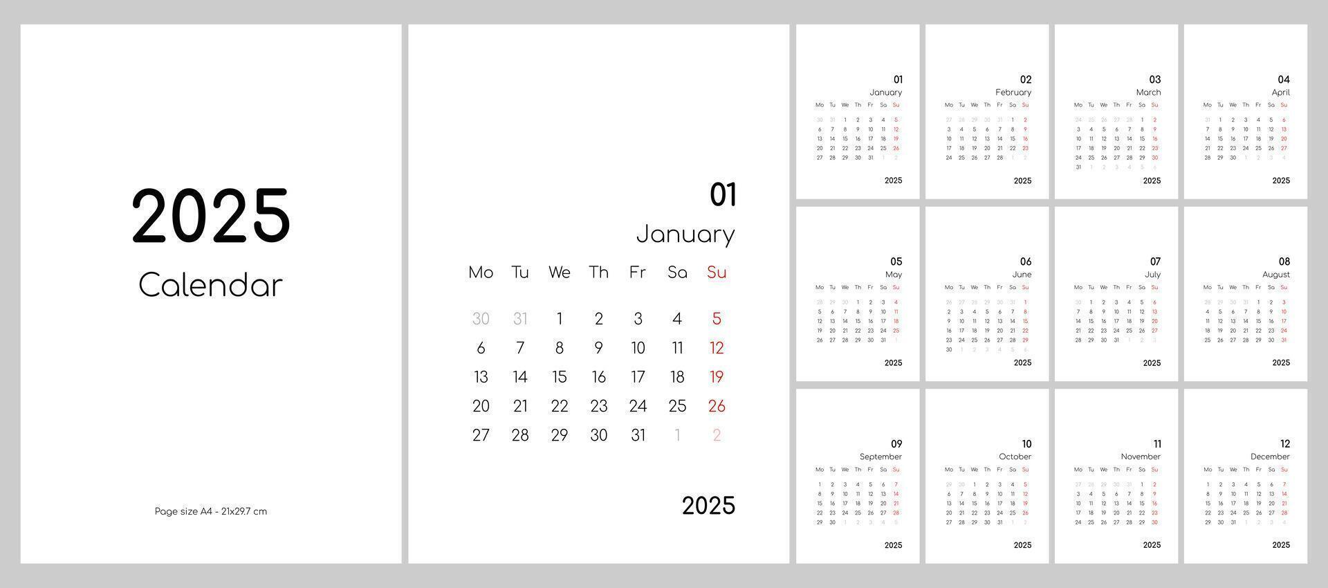 Calendar for 2025. Black and white, A4, English. Set of 12 pages and cover. vector