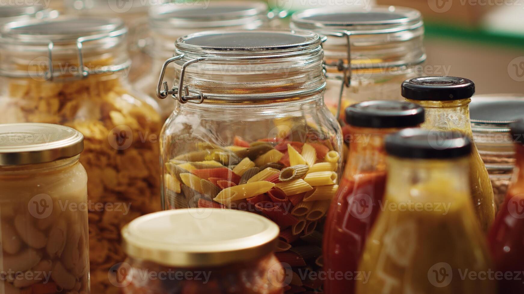 Close up on bulk products in reusable glass jars used by zero waste supermarket to lower climate impact. Local shop pantry staples in decomposable packaging, panning shot photo