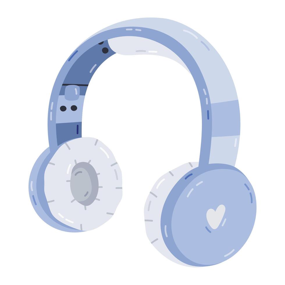 Cute cartoon wireless headphones with heart for listening music, gaming and control via smartphone. Smart audio gadget from Internet of things. Stereo earphones isolated on white background. vector