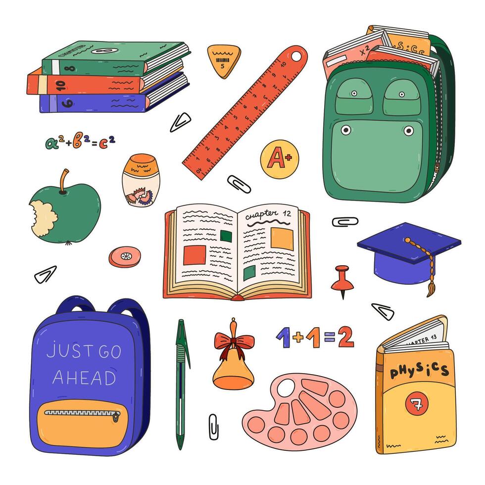Cute colourful doodle set with kids school supplies. Hand drawn collection with outline of schoolbag, textbook, stationery, snack, science formula, palette,. Back to school for study, draw, work vector