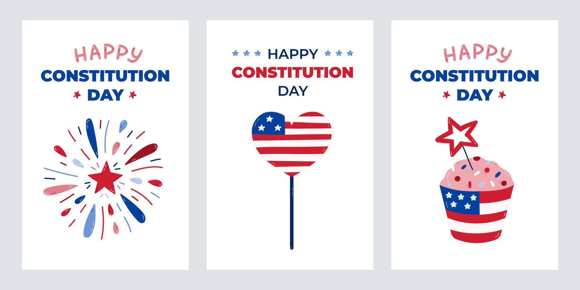 Funny set of greeting cards for Happy Constitution Day of USA with cartoon clipart of heart with American flag,firework, cupcake. Childish concept for poster, banner to celebrate 17th of September. vector