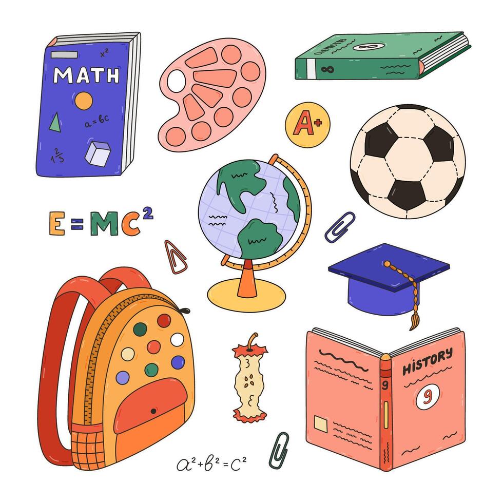 Cute colourful doodle set with kids school supplies. Hand drawn collection of schoolbag, textbook, globe, stationery, snack, hat, soccer ball. Back to school outline clipart for study, draw and work. vector