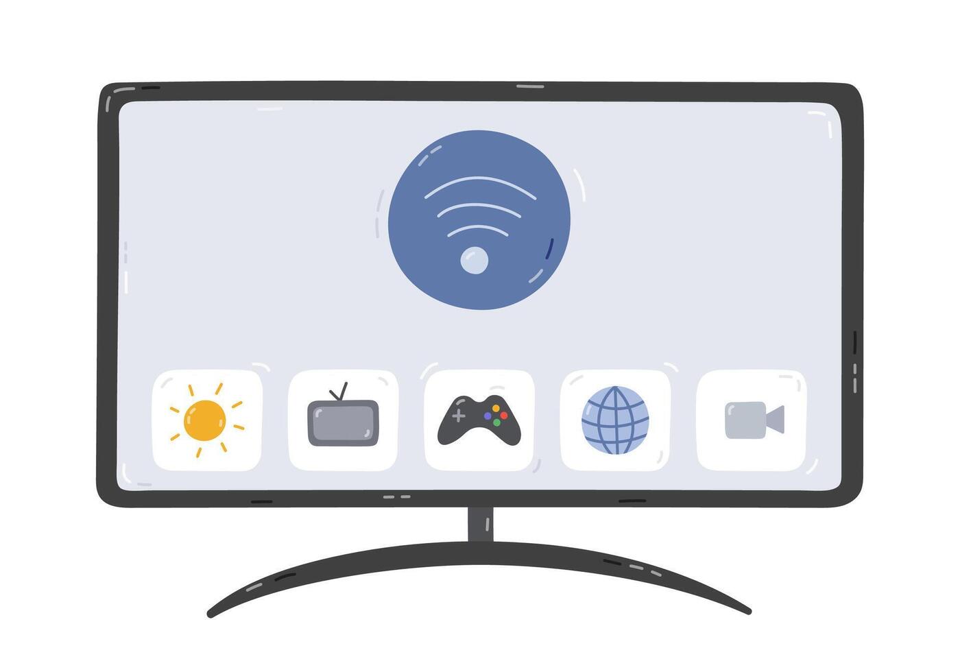 Cute cartoon smart TV with internet and wireless control via smartphone. Hand drawn intelligence television display for watching , webinar, news. Internet of things device isolated on background. vector