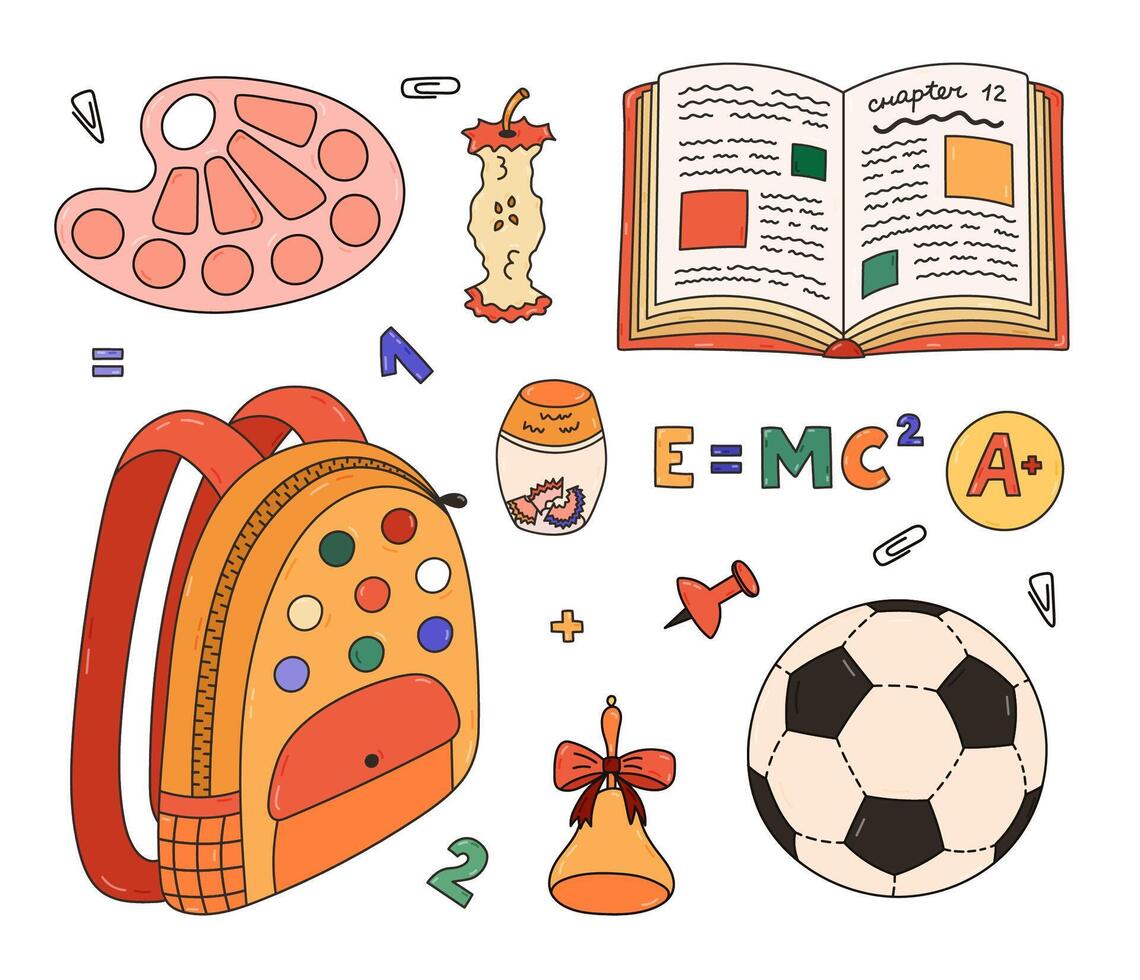 Cute colourful doodle set with kids school supplies. Hand drawn collection of schoolbag, open text book, globe, paint palette, apple core, soccer ball. Back to school outline clipart for study, work. vector