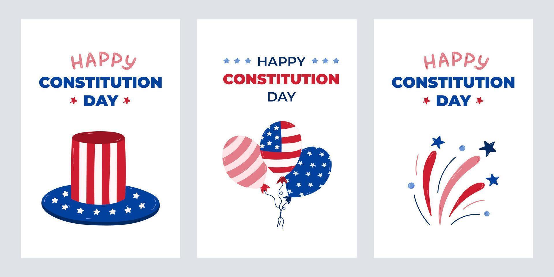 Simple set of greeting cards for Happy Constitution Day of USA with cartoon illustration of hat of Uncle Sam, balloons, firework. Funny concept for poster, banner to celebrate American holiday vector