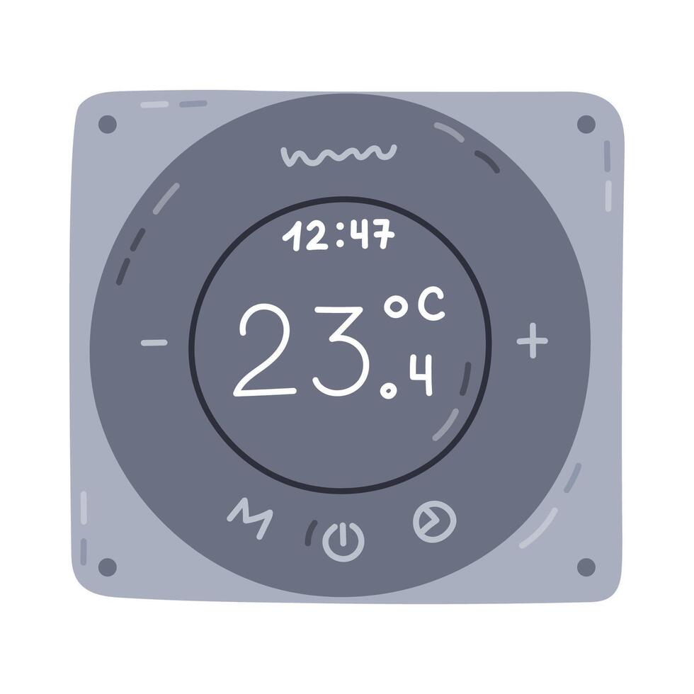 Cute cartoon smart thermostat for temperature regulation via smartphone. Hand drawn intelligence electronic heating system with indicators. Internet of things radiator isolated on white background. vector