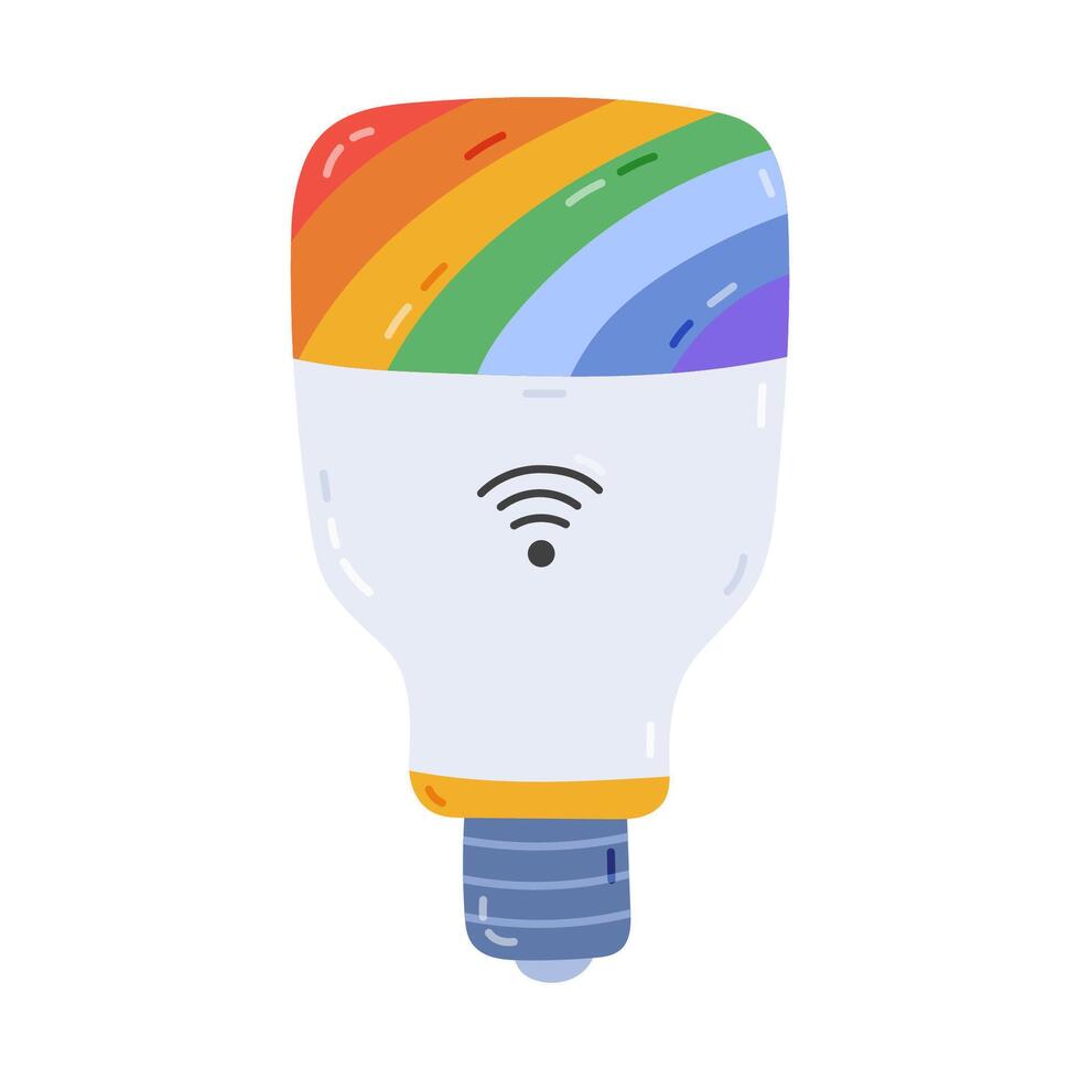 Cute cartoon smart lamp with rainbow light and wi-fi for wireless control home technique via phone. Hand drawn intelligence electronic light bulb. Internet of things device for automation housework. vector