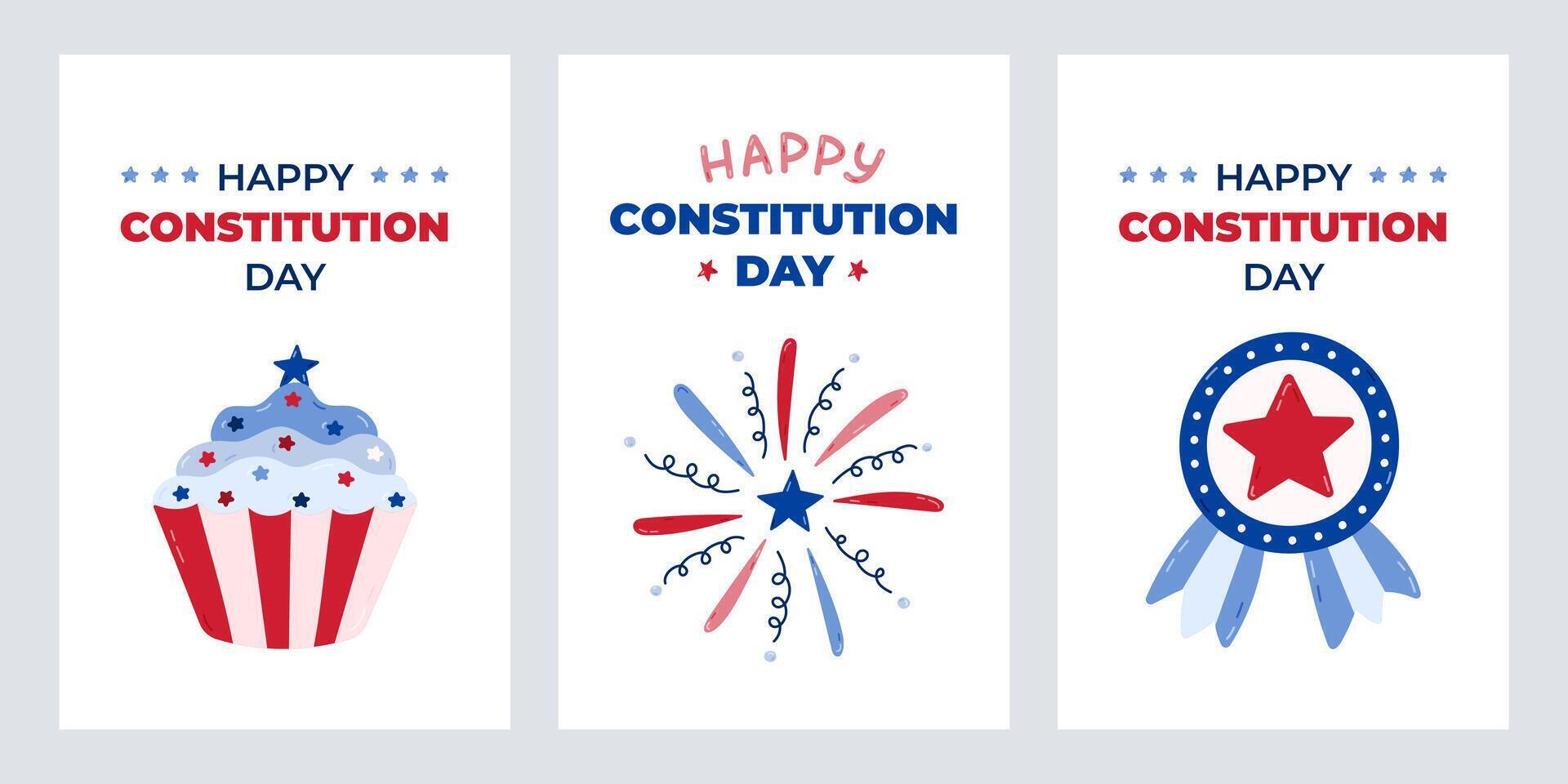 Cute set of greeting cards for Happy Constitution Day of USA with cartoon illustration of medal, firework, cupcake. Funny concept for poster, banner to celebrate holiday at 17th of September. vector