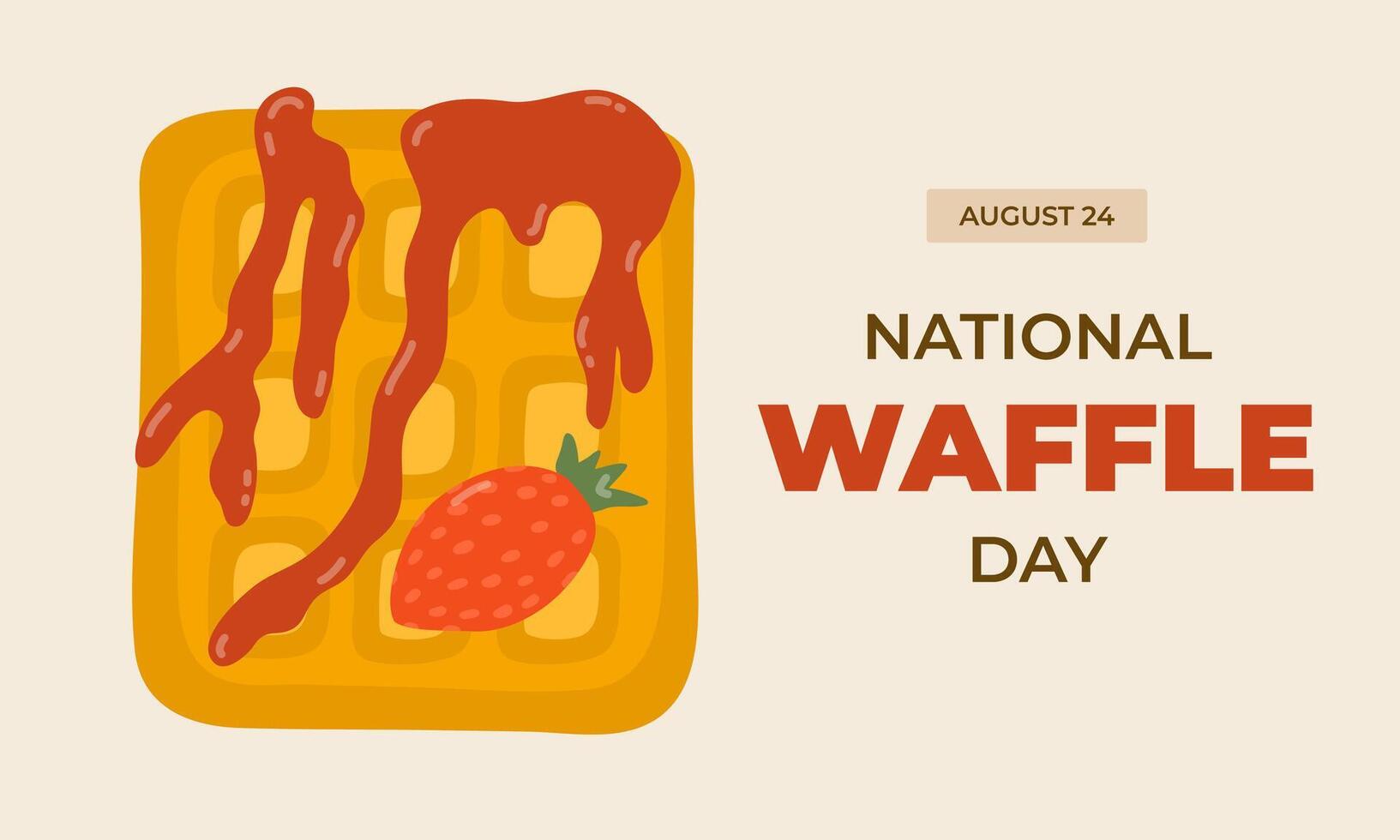 Horizontal cute banner for National Waffle Day at 24th of August with cartoon waffle with strawberry and jam. Minimalistic holiday concept for poster, background template for website, social media. vector