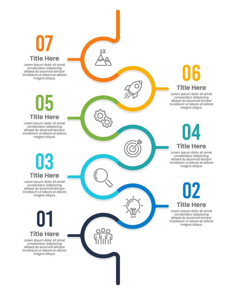 Vertical Infographic 7 Steps to Success. Infographic curve line design template. Business presentation, Planning, Brochure, Marketing and Timeline. vector