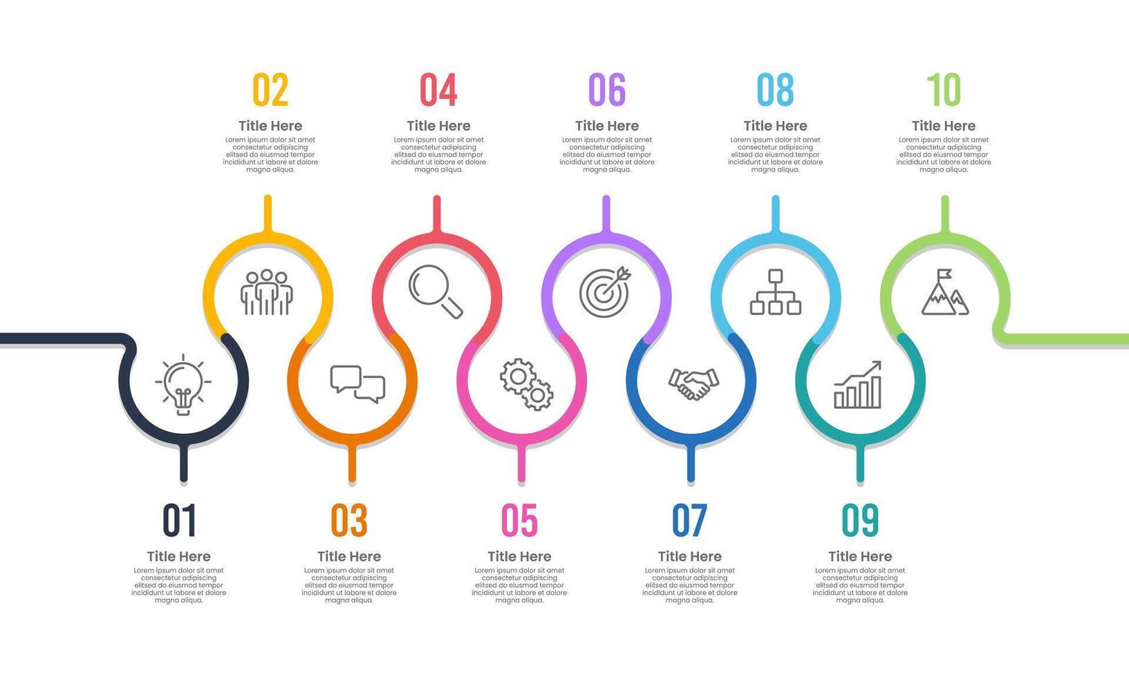 10 Business Process Data Infographic Design Templates. 10 Year Company growth path. Presentation, Planning, Marketing and Information. vector