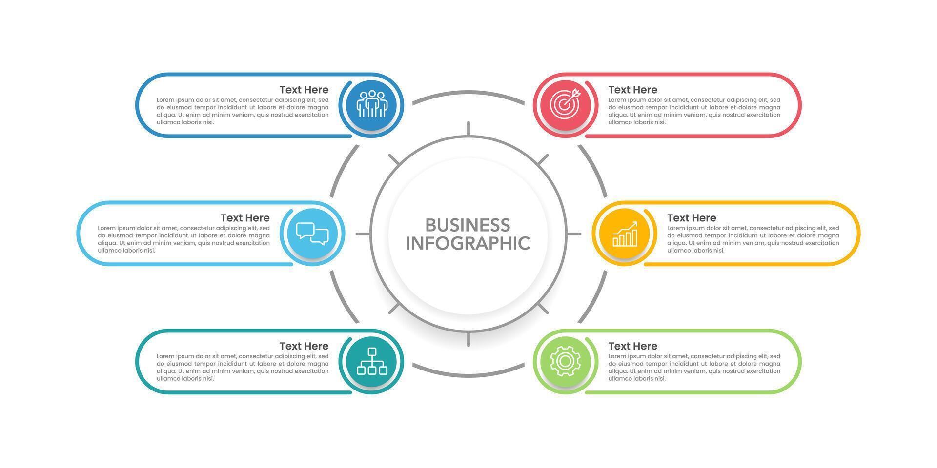 6 process or option infographics. Infographic circle line design template Business presentation, Organization, Workflow, System, Framework, Planning and Strategy. vector