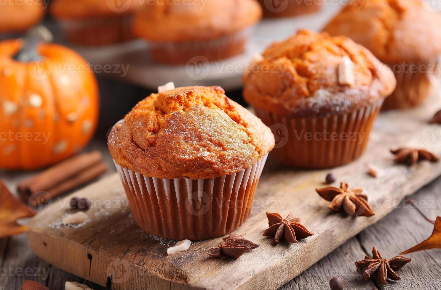 Delicious pumpkin spice muffins sitting on rustic wooden cutting board photo