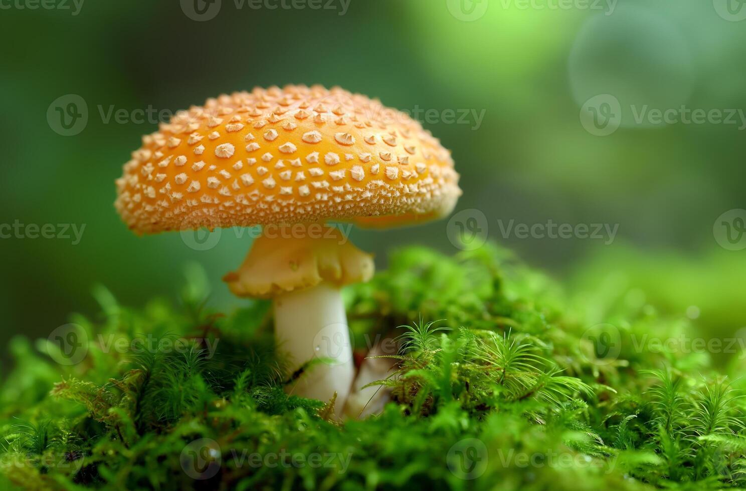 Yellow mushroom growing in lush green moss photo