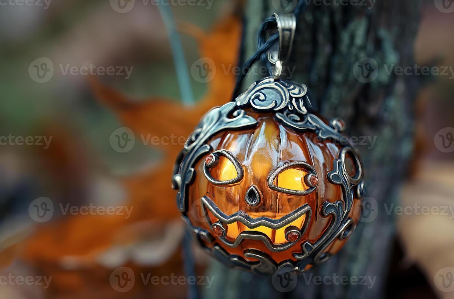 Halloween pumpkin pendant hanging from a tree branch in the forest photo