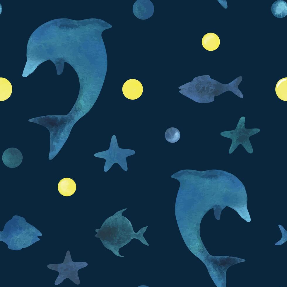 Silhouettes of a dolphin, fish, starfish and dots in blue, turquoise and yellow. Watercolor illustration, hand drawn in childish style. Seamless pattern on a blue dark background vector