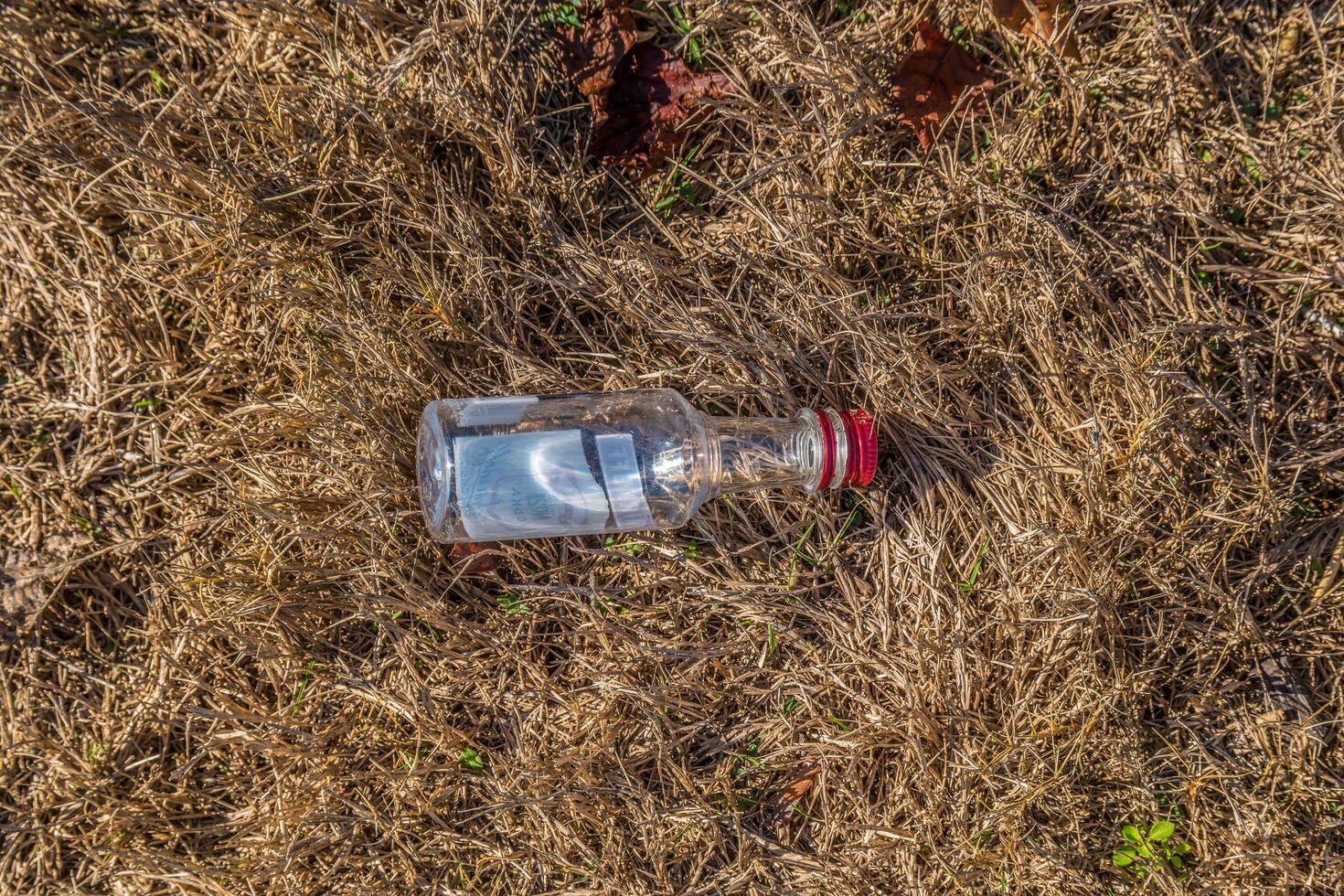 Cumming, Georgia USA - November 17, 2019 Small liquor bottle laying on the ground photo