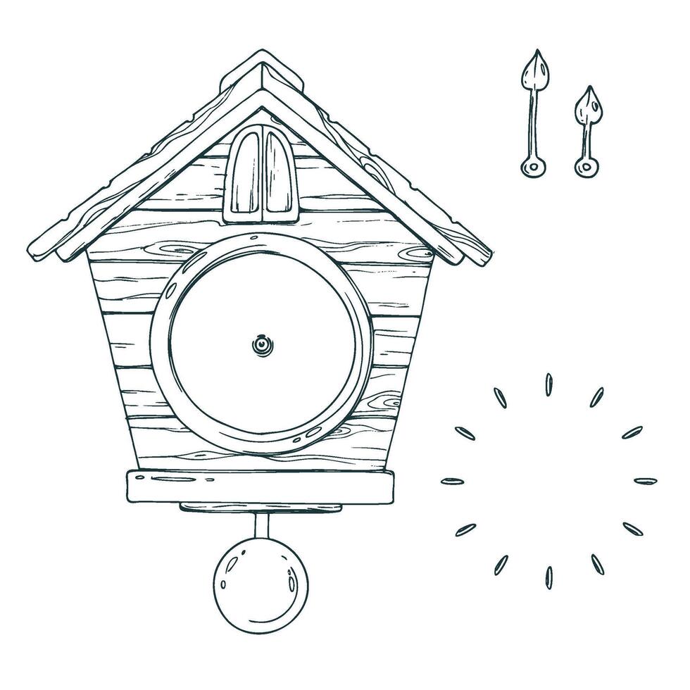 Wall clock with cuckoo, dial and hands, pendulum, wooden, antique. Line art is a simple hand-drawn illustration in black and white ink. Isolated EPS object. vector