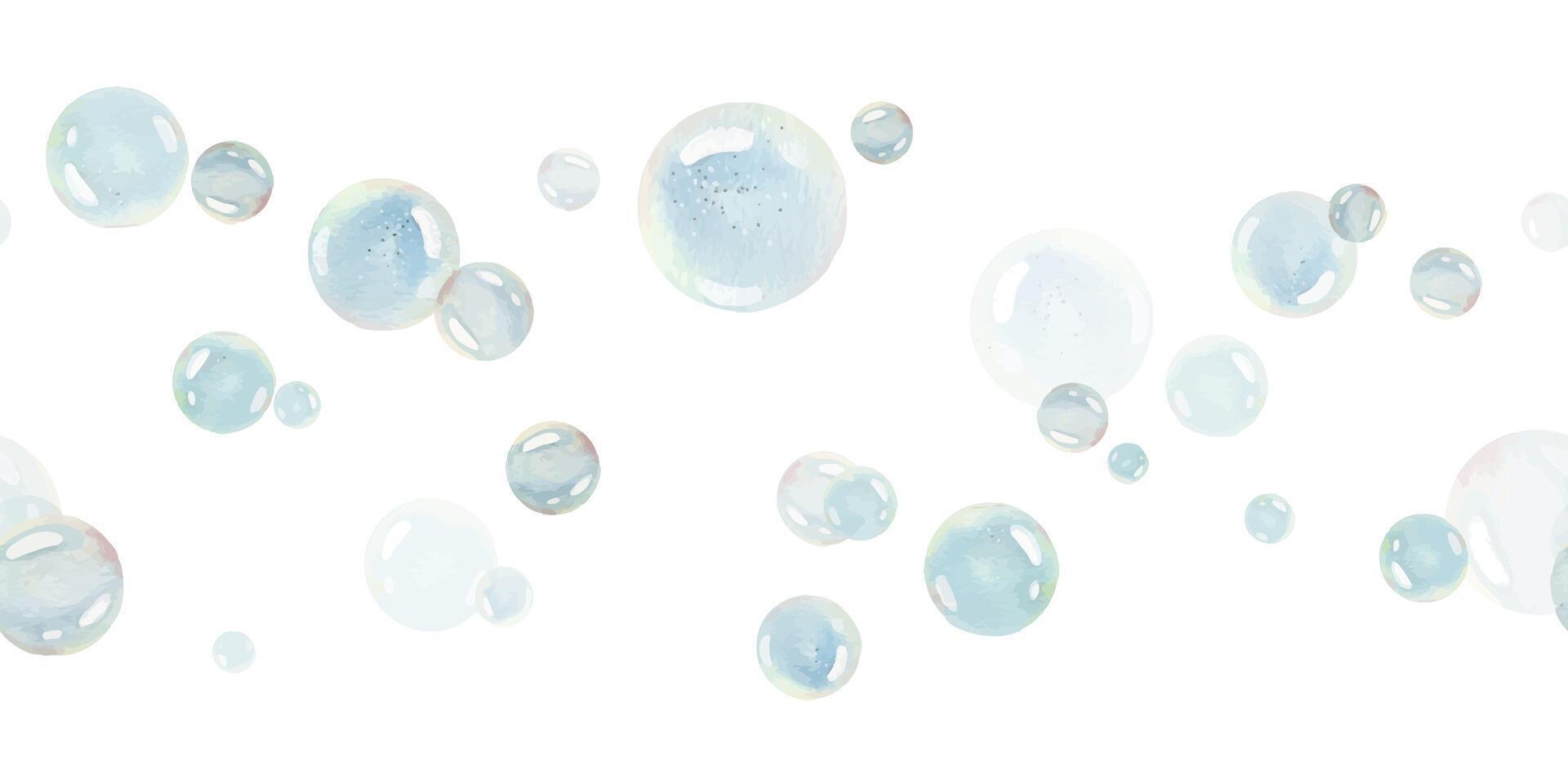 Blue water bubbles of different sizes and tones in a chaotic order. Watercolor illustration drawn by hand. Seamless border, pattern, endlessly repeating ornament, on a white background vector