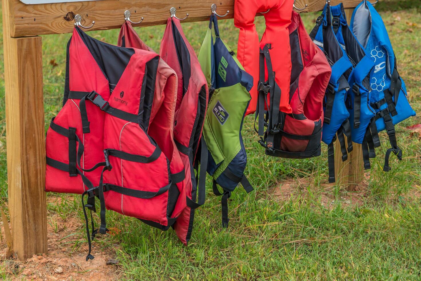 Gainesville, Georgia USA - October 05, 2019 Life vests at the Don Carter state park photo