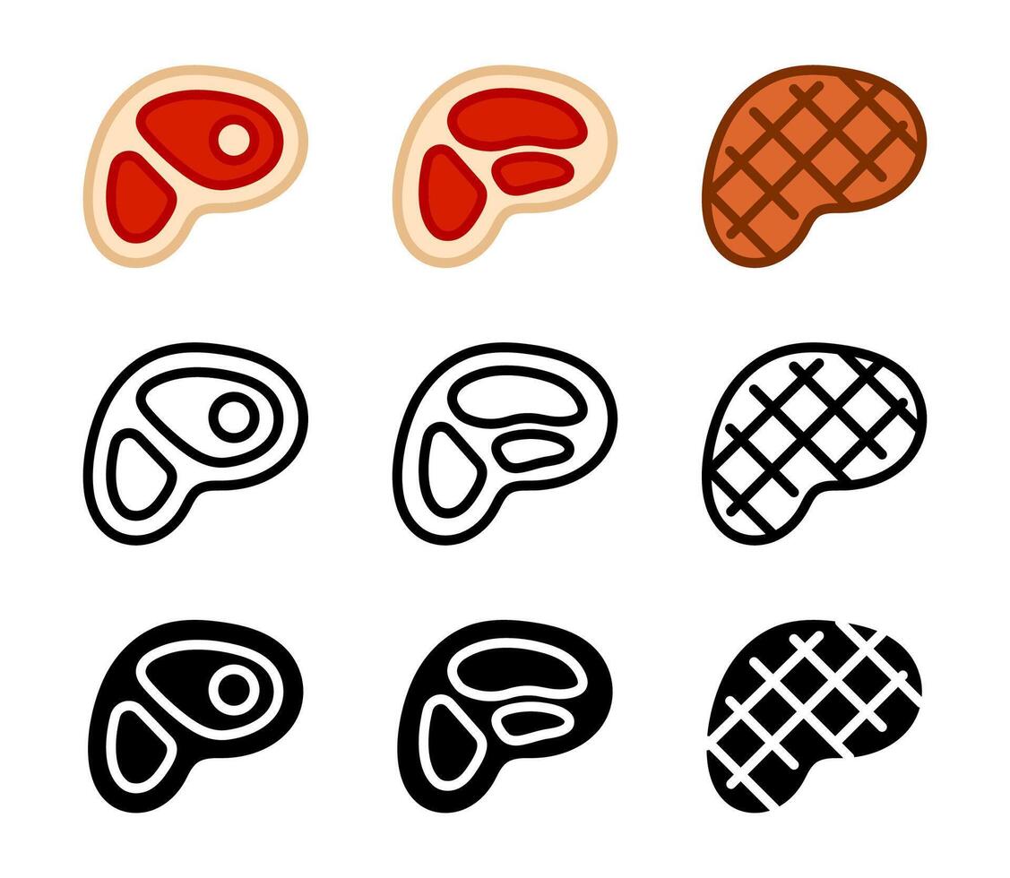 beef steak icon. Meat symbols set. BBQ sign. Raw meat pictogram. Grilled steak illustration. Protein symbol. vector