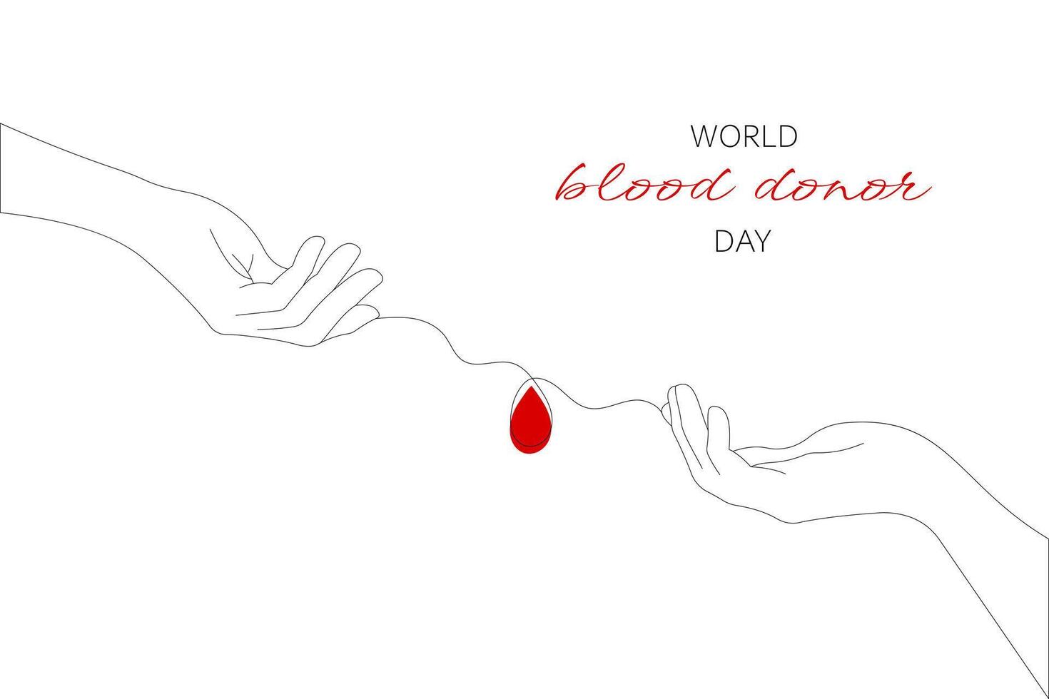 World Blood Donor Day. Two hands and a drop of blood. Line art, one line. Hand drawn illustration vector