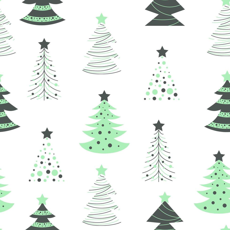 Flat doodle Christmas tree pattern. Hand drawn seamless vector