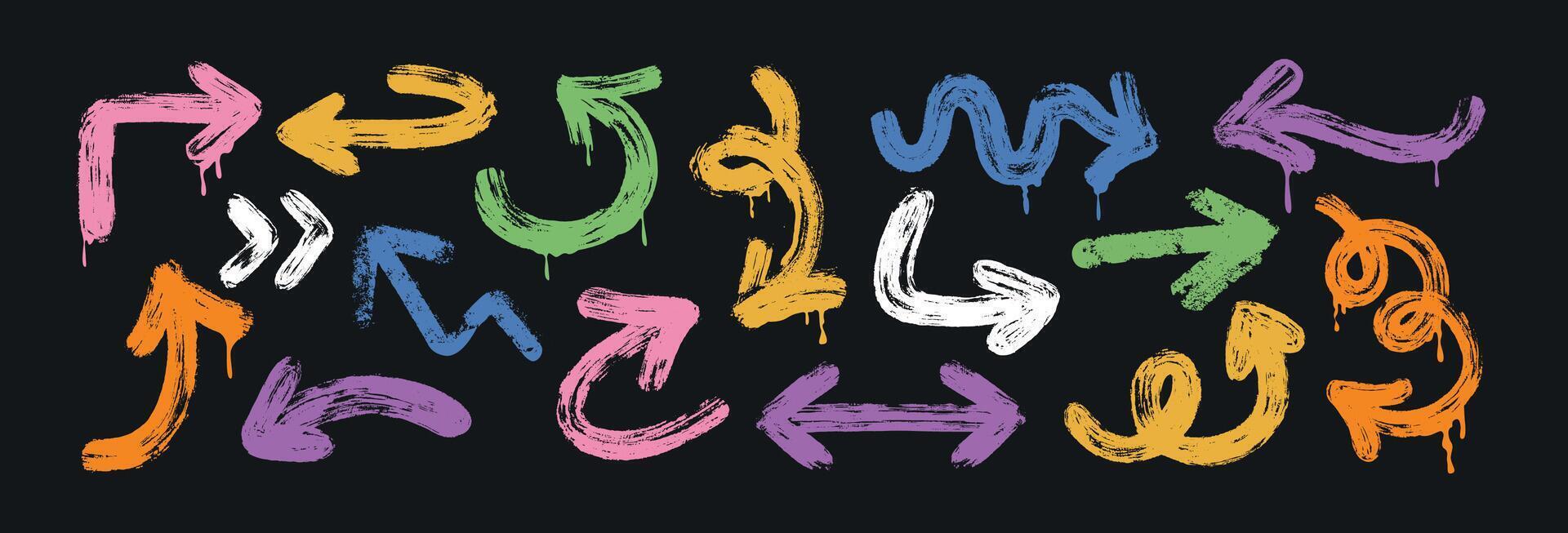 Hand drawn rough arrow set isolated on black background. Colorful bold brush stroke spiral, curly and straight arrows different shape. Direction graphic design elements in sketchy grunge style. vector