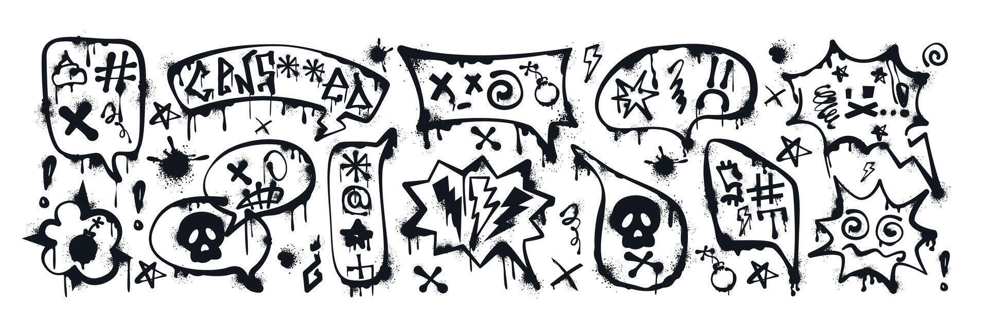 Graffiti spray paint comic speech bubbles with curses, insults, offensive words, skull, censored. Hand drawn ink talk balloons, dialogue box, text frames with swearwords. Aggressive emotion, profanity vector