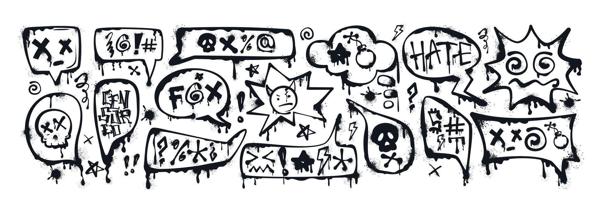 Graffiti spray paint speech bubbles or dialogue boxes with swear words, insults, skull, bomb icon, censored with symbols. Hand drawn inky swearwords with splatters. Negative emotions, anger, bad mood. vector