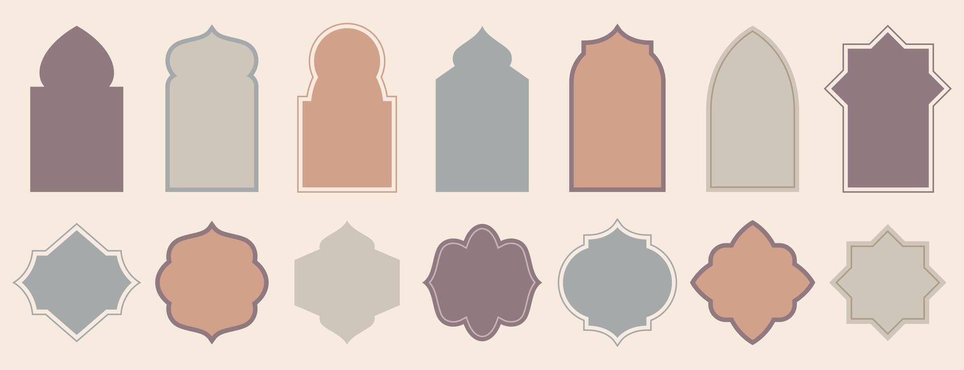 Old islamic window shape in oriental style. Arabic frames, borders or arabian mosque arches in pastel colors. Eid mubarak gates, muslim architecture geometric design elements or moroccan doors set. vector