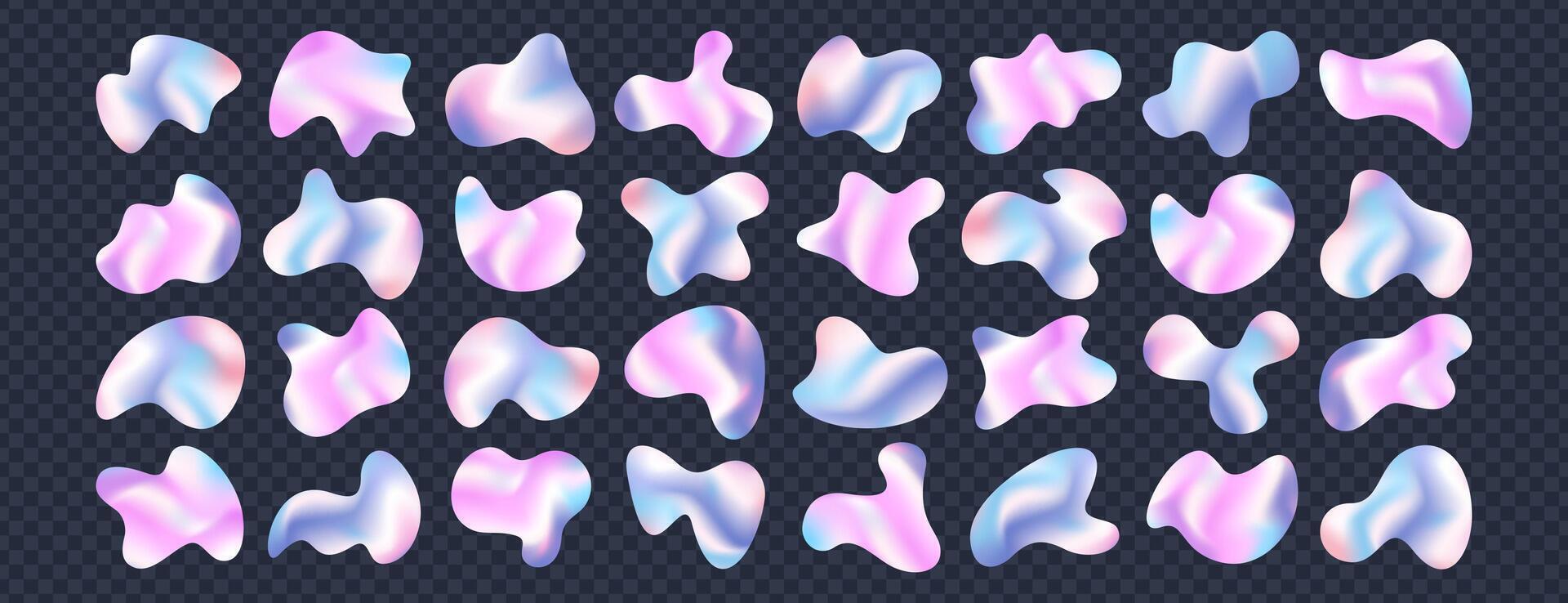 Holographic liquid metal blobs on dark background. Iridescent chrome drops or hologram irregular freeform organic shapes. Metallic gradient deform stains, fluid abstract forms or blotches. vector