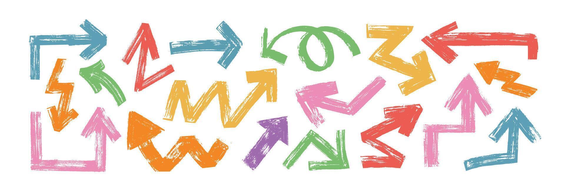 Hand drawn arrows set isolated on white background. Colorful brush stroke arrow collection different shape. Direction graphic design elements in sketch style. Bold pointer icons grunge texture. vector