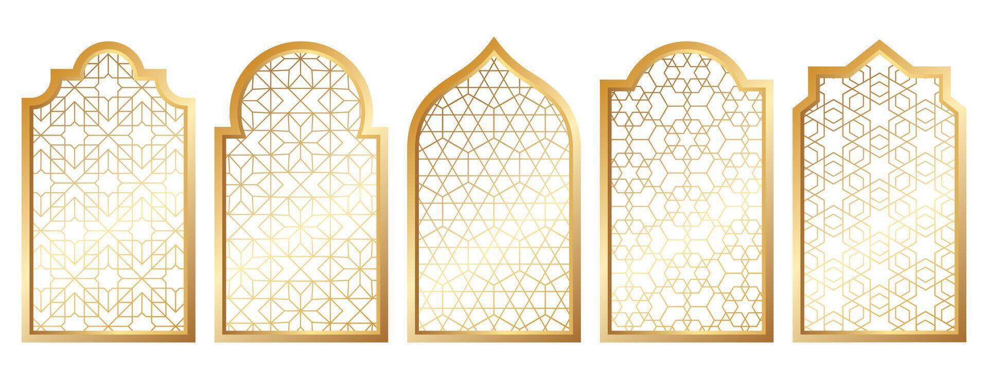 Golden traditional islamic window shape. Arabic frames, mosque arches with gold geometric motif pattern. Muslim palace architecture elements, silhouette moroccan borders or gates. Ramadan kareem doors vector