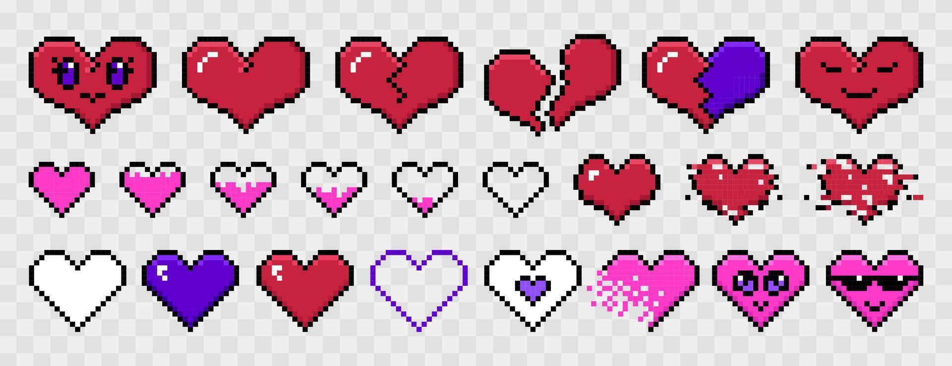 Set of pixel heart shape on background. Retro game stickers, pixelated red symbols of life or love icons in 8bit retro style. Red, pink and blue full and broken romantic elements. vector