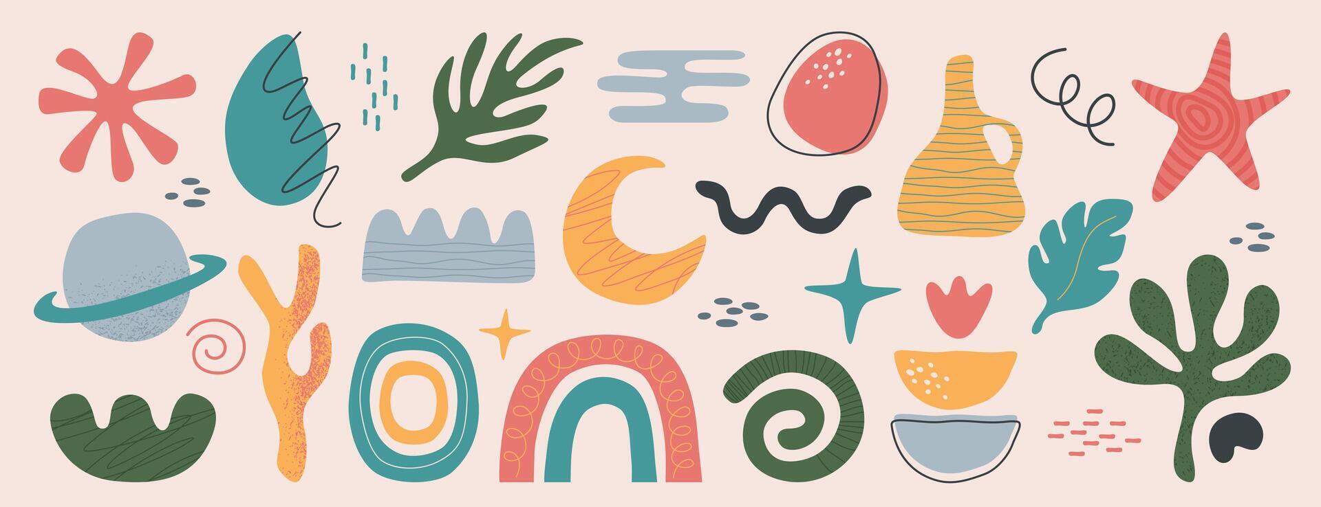set of abstract geometric shapes, lines and nature forms. Freehand trendy basic simple figures, organic matisse design elements in minimalist style. Hand drawn freeform doodle object collection vector