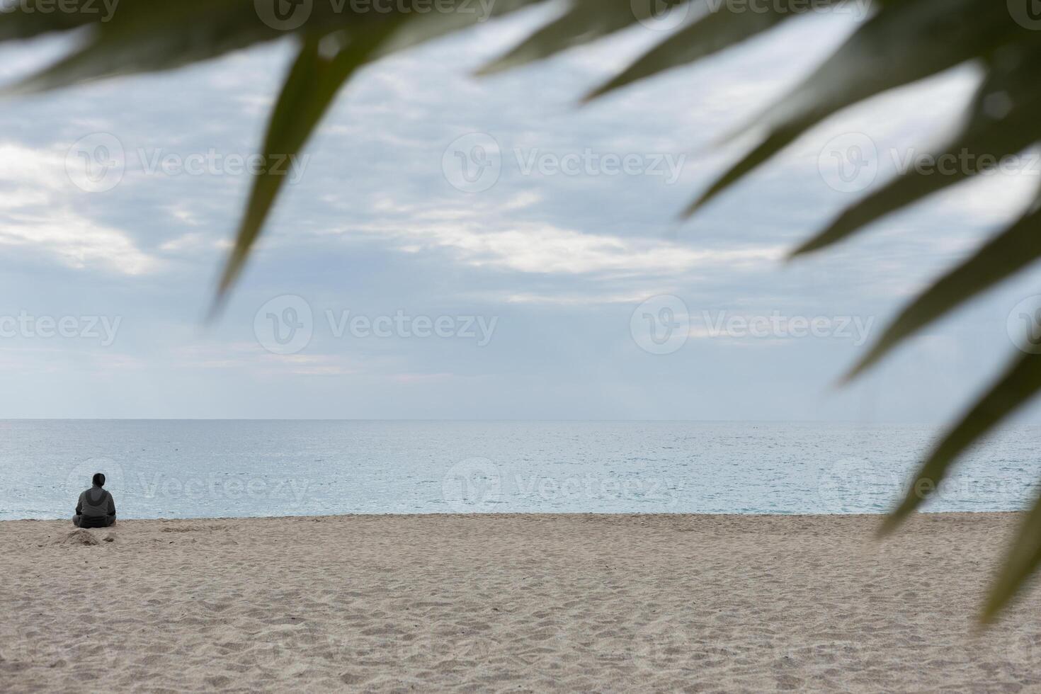 Rear view portrait of a man relaxing sitting on the beach and looking at the sea in the background. High quality photo