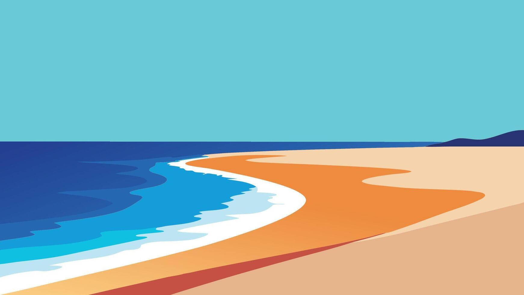 Beach scene featuring gentle waves lapping against soft, golden sand under a clear blue sky flat illustration. vector