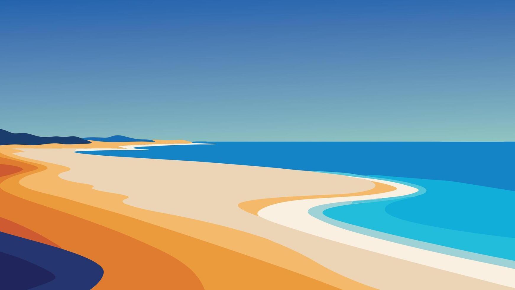 Beach landscape showcasing a bright blue sky and warm orange sand, perfect for a day of leisure flat illustration vector