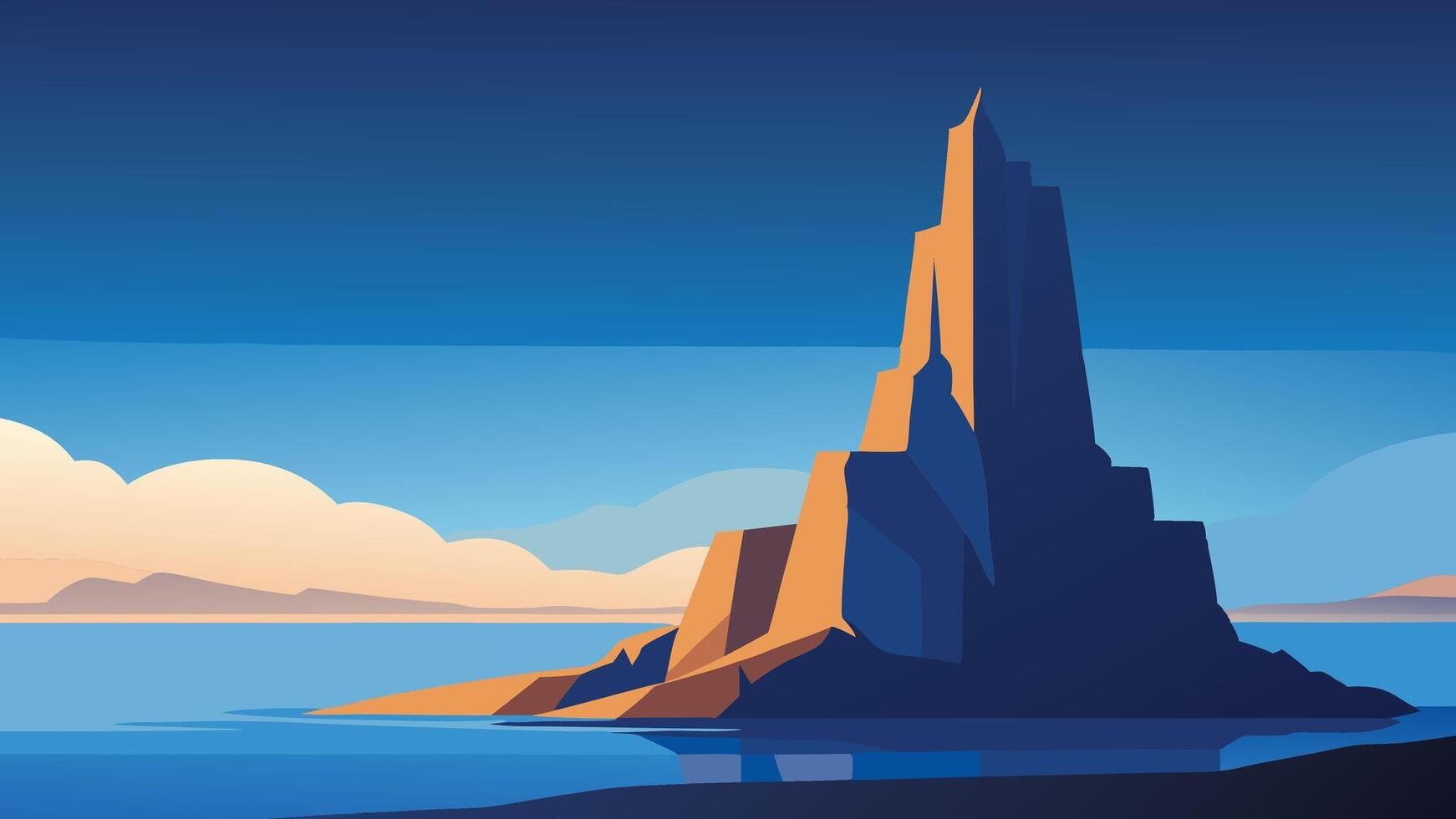 A large rock formation rises from the ocean under a clear blue sky, creating a striking natural landscape flat illustration vector