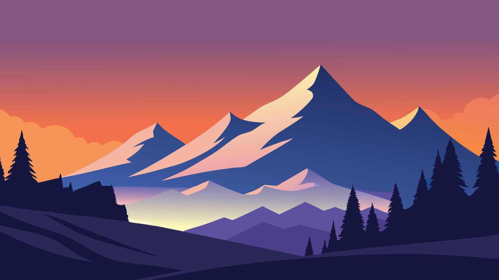 Winter landscape featuring snow covered trees and majestic mountains illuminated by a vibrant sunset flat illustration vector