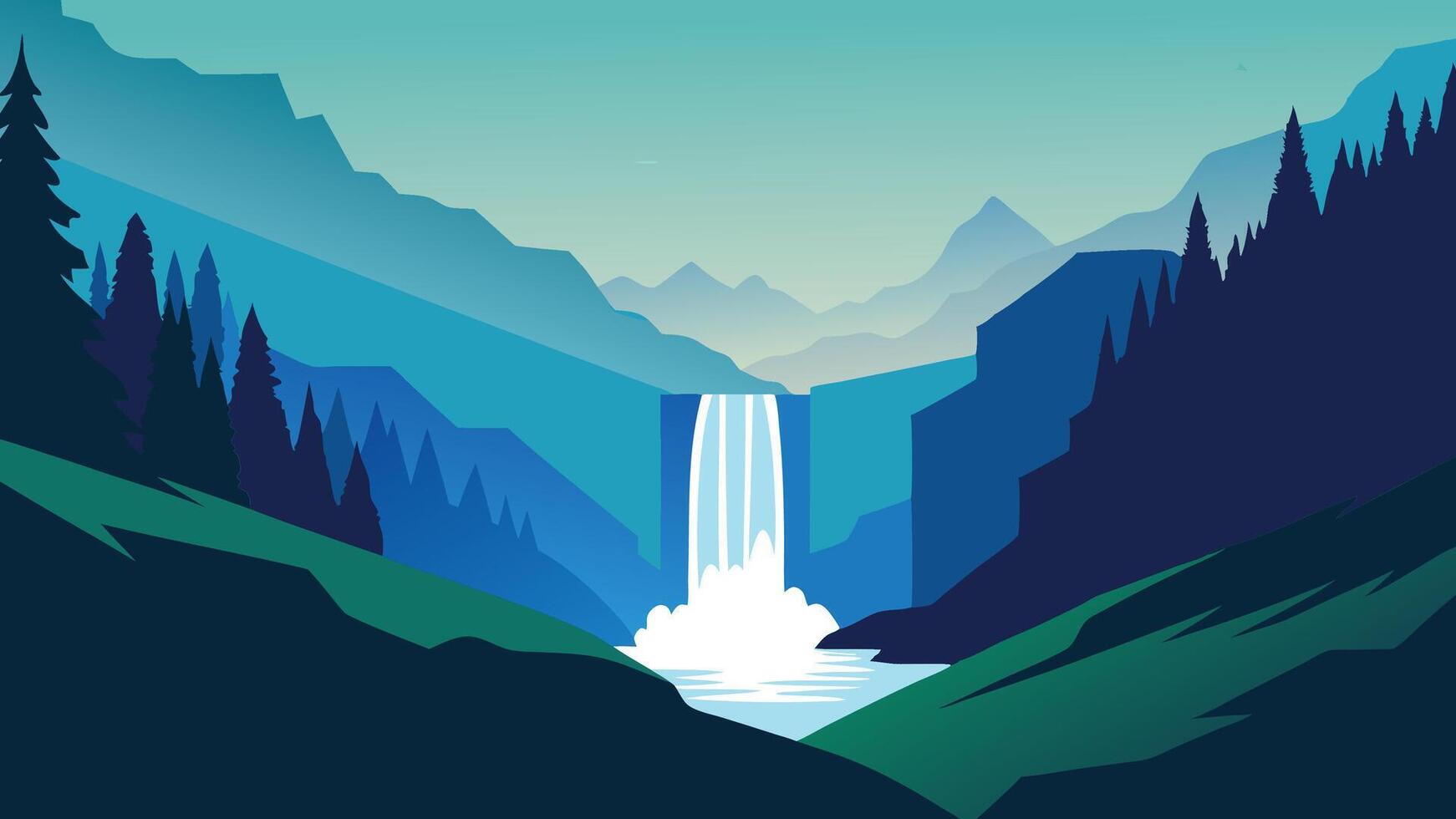 A breathtaking waterfall tumbles amidst a serene forest, enveloped by lush trees and the soothing sounds of nature flat illustration vector