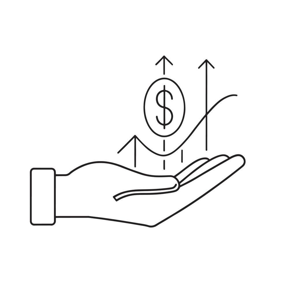 Hand on graph and dollar sign line art flat illustration vector